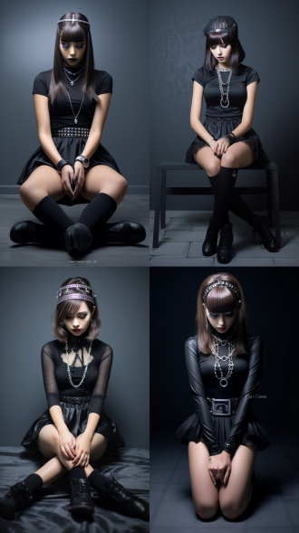 年轻女子，黑色抹胸上衣，黑色短裙，黑色丝袜，黑色高跟鞋，银色项链，黑色发带，跪地姿势，灰色背景，时尚风格。