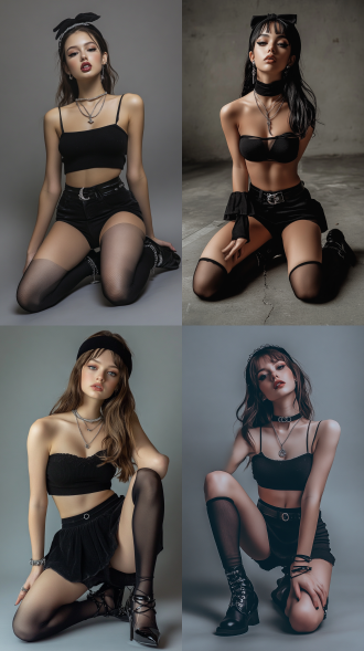 年轻女子，黑色抹胸上衣，黑色短裙，黑色丝袜，黑色高跟鞋，银色项链，黑色发带，跪地姿势，灰色背景，时尚风格。