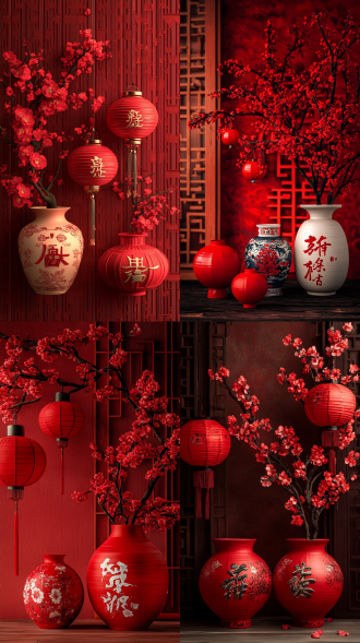 红色背景，中式木格，红色灯笼，红色花瓶，红色花枝，福字装饰，新春祝福文字，传统中国风。