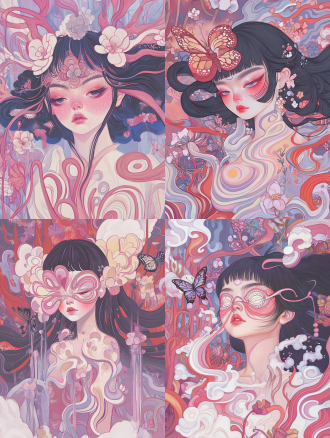 奇幻女人黑发飘逸蝴蝶从眼飞出，花朵造型，烟雾与奇幻花朵背景，超广角，超现实插画，魔幻光效，丰富纹理，神秘氛围。