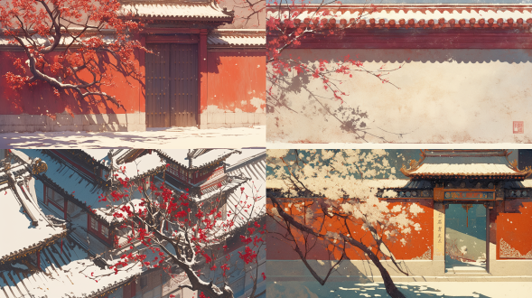 minimalism, graphic illustration, forbidden city, chinese palace, red plum blossom, close-up of buildings and eaves, snow, elegance, vintage, zen, red, gold and white, oriental aesthetics, masterpieces, anne truitt