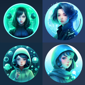 蓝绿色微信头像，圆形构图，简约风，虚拟空间感，冷色调，高清质感，柔和光，科技元素，神秘氛围。