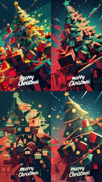 圣诞节海报，卡通圣诞夜，简笔画粗线条，深青绿色背景，雪纷飞天，圣诞树挂礼，有雪松礼盒堆，“merry christmas”高饱和冷暖对比，广角自然光，静态欢乐。 宫崎骏 吉卜力 明亮的