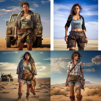 一位美丽丰满的欧洲女人衣衫褴褛，站在空旷的戈壁上，穿着破烂的超短裤，最佳质量