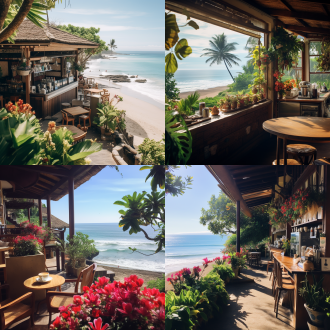 印尼巴厘岛海边的咖啡馆，鲜花绿植浪漫盛开，远处沙滩细腻柔软，阳光温柔，海浪拍打岸边，近处高级的大型意式咖啡机，手冲壶，浓郁美味的咖啡