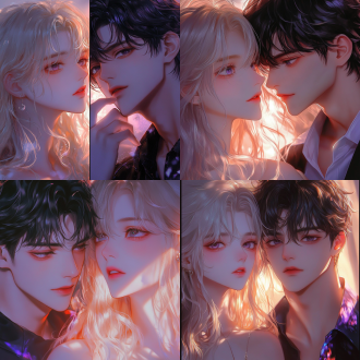 动漫情侣头像特写，白皙冷白皮，波浪长发，甜蜜表情，简单背景，oc渲染，柔光照亮，自然色彩，爱意姿态，高清壁纸质感。