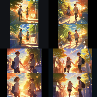 初入校园新生不知所措，男生微笑牵起女生手，阳光洒在小径。广角，侧光，暖色调，新海诚风，细腻清新，牵手微笑，安心温暖 。