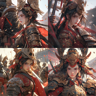 中国风铠甲美女战神，中心构图，古风场景，冷色调，长焦镜头，顶光，战斗姿态，威严表情，英武。