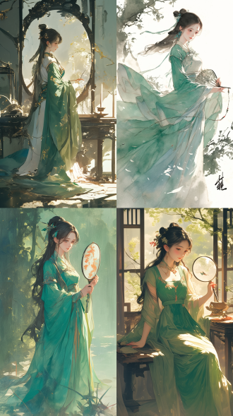 16岁中国古装少女，着绿衣，手持昙花，对镜浅笑，长发散落，全身照，背景景别，水墨画风格，传统绘画风，柔和光，长曝光，慢快门，汉服细节，古典美，宁静氛围。