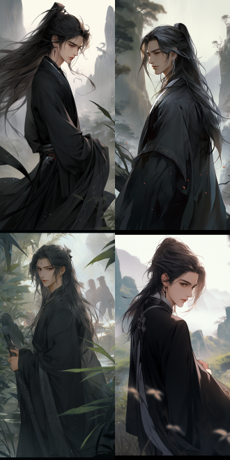 中国古代成年男性，阴柔俊美，深邃黑眸，肤色苍白微笑着，着黑衣，魔道祖师风，自然风光背景，逆光，广角，柔和光，细腻质感，神秘优雅，深色调，忧郁。