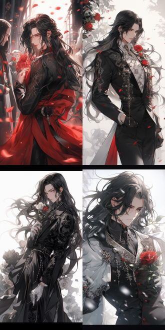 男性boy，kpop偶像脸，漫画风，穿衬衫欧美贵族装，黑色长发，纯白发光脸五官精致，霸道腹黑高冷黑化，下雪光影，黑红玫瑰缠绕，闪光体积光，超高清，全身。