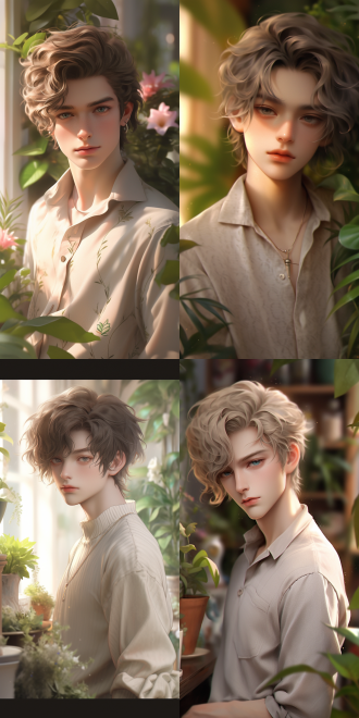 英俊男性半身像，bjd特征，低领衬衫，醉酒脸红，米色长卷发，眼下有痣，长睫毛，暖阳光，花房，盆栽，园艺装饰、工具，绿植，高品质，8k，侧光。