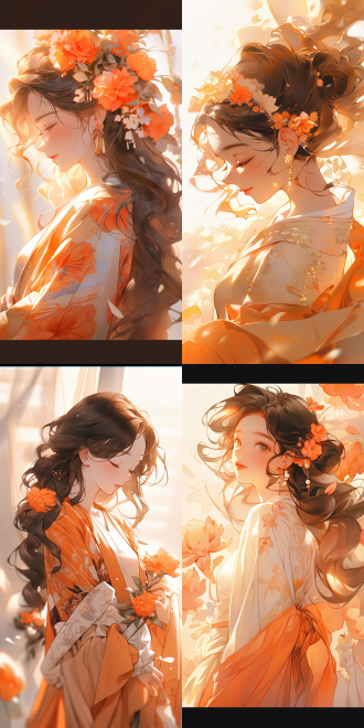 亚洲少女，大波浪发型，与花相伴，细腻笔触勾线，描边清晰，橙色调，阳光温暖，微风轻拂发丝飞扬，晶莹剔透有光点，侧光，长焦镜头。