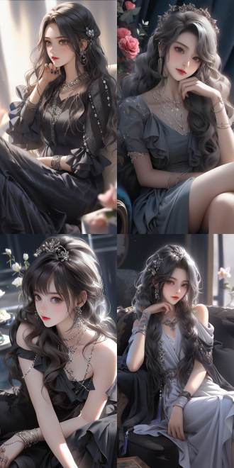 中国少女精致美丽，银色长卷发，时尚感强，着香奈儿服饰，坐沙发抱黑玫瑰，干净背景居中，有景深光影效果，4k，cg插画风格，时尚杂志封面。