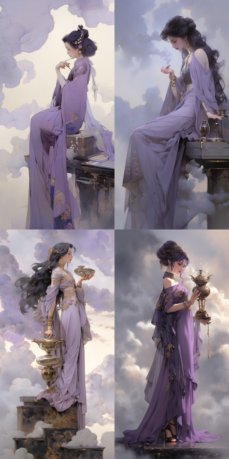 少女紫发晶瞳，侧面视图，绝美容颜，古典气质，紫衣飘渺，宽袖流苏，束腰锦带，神秘微笑，手持药鼎，水墨背景，云雾缭绕，紫金高跟，望天沉思，仙气萦绕，丹青笔触，9k分辨率，高清细节