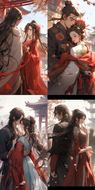 情侣古装，男英俊女美丽，长发飘逸，山峰古建筑背景，中国仙侠风格，高清，细节丰富，对称构图，自然光，长焦，柔和色彩，浪漫。