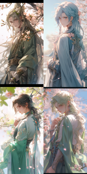 超帅男生，古风装扮，面容冷峻，桃花点缀身旁，梦幻背景，居中构图，正面视角，全景摄影，蓝绿色调，柔和光线，静态姿势，宁静。