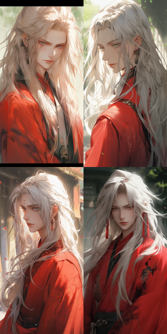 中国古代年轻男性，正面构图，白天背景，白皙皮肤，面无表情显高冷，红袍长发且白发，绿眼，高分辨率，绝美光影，色彩鲜艳，长焦镜头，宁静。
