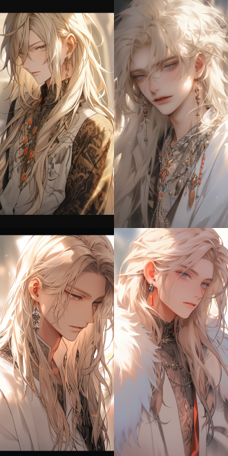 18岁美少年肖像，面部特写，近景拍摄，白皙皮肤，白色长发齐刘海且蓬松，身材修长，衣着宽松，戴简约项链，暖阳光，刻画细致，高分辨率，高品质。