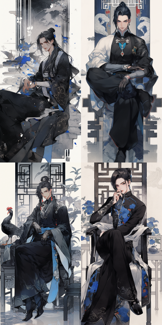 中国古代成年男性，成熟英俊，黑眸红唇表情冷漠，黑发高大穿黑衣有青纹，正面半身端正坐姿，青花点缀，复古屏风背景，伊吹鸡腿子风格，水彩平涂，水墨质感，低饱和度，阴暗，细节多，对角布局，高对比，室内暖调，广角侧光，快门快，紧张