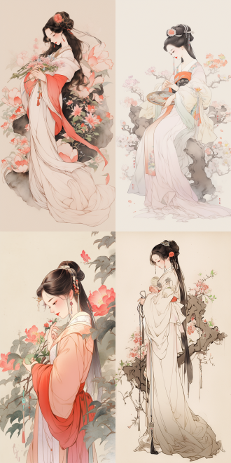 黛玉葬花，中国画风格，线条勾勒，绢本淡彩，高画质，人物优雅姿态，表情柔和，背景留白，细节丰富，静谧氛围，传统服饰，古典美，工笔细描。