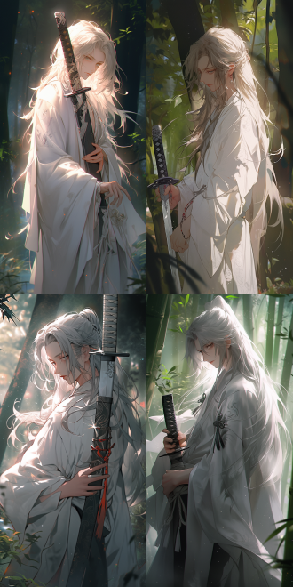 长发白衣少年白布蒙眼手持短剑，三分构图，森林背景，神秘古风，侧光照明，低饱和度，长焦镜头，静态画面，冷色调，显决心。