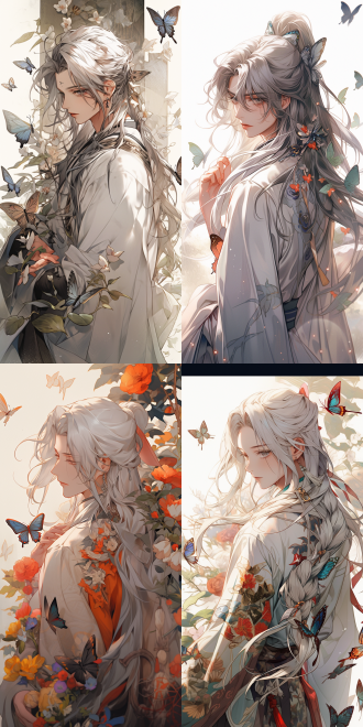 仙侠漫画风男性，长银发戴花，着汉服，与蝴蝶虫类相伴，精致优雅且帅气，中景构图，侧光，长焦镜头，冷色调，温柔光线，武侠风。