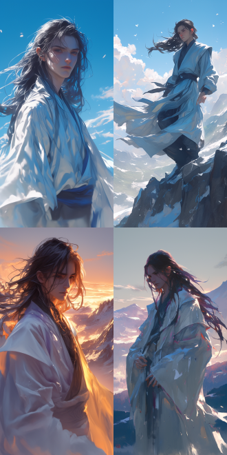 仙侠风悲伤男人，现实主义动漫艺术，中景构图，山林环境，长焦镜头，冷色调，侧光，长发飘动，抽搐动作，微光环绕，白衣长袍流畅。