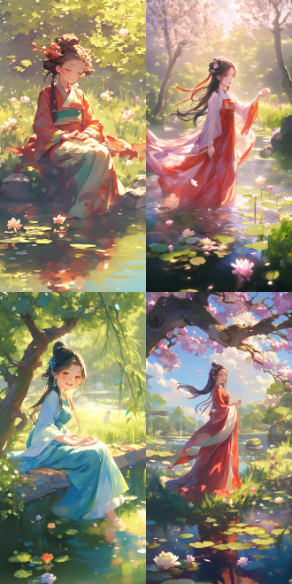 穿着汉服动漫小女孩，古风发型装饰，在草地玩，有花草树水，卡通动画风格，远景，开心大笑，柔和光线，自然环境，广角镜头，鲜艳色彩，欢乐，细节丰富，童话氛围。