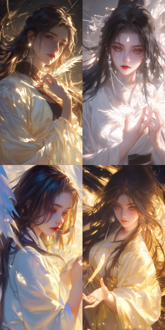 美女长发黑发，白裙汉服，表情失落，手持发光符文羽毛，古代中式学院背景，特写视角，4k画质，日本漫画风格，油画质感，广角镜头，动态模糊，柔和色彩，忧郁。