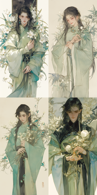 中国古代男青年，正面半身像，黑色披肩长发柔顺带刘海，俊美温柔微笑，身材高大，草绿长袍衣袖宽大，拿草药，玉饰精致，白花环绕，伊吹五月风格，水彩平涂，氛围宁静。