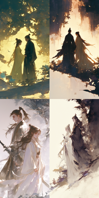 中国古代仙侠情侣并排站立正视前方，古装飘逸长袍，柔和侧光，山水背景，水墨画风，静谧氛围，淡雅色彩，深情对望，中景镜头，散焦效果。