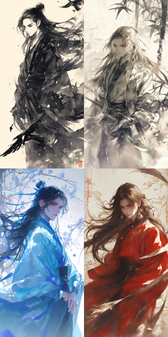 中国少年仙人，长发帅气神秘，着发光华服中式衣装，腰部精致，水墨画风格，奇幻插画，动漫美学，梦幻迷人，侧光，长焦镜头，高饱和度，空灵。