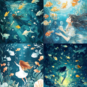 水下世界，长发女孩在水中嬉戏，鱼群环绕，气泡相连，对角线构图，海洋生态场景，手绘平涂插画风格，水彩效果，柔光，细节丰富色彩鲜艳，梦幻氛围，身着衣物。
