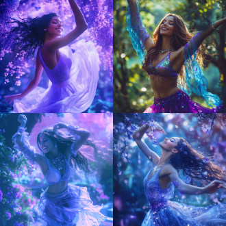 幸福自信舞蹈女神，中心构图，户外花园，蓝紫色调，柔和光，中焦镜头，微笑，动画风格，温馨甜美。