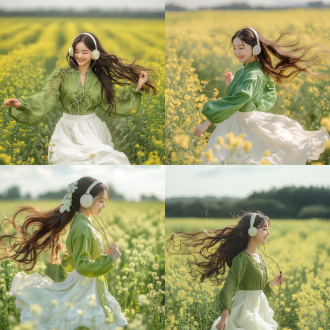 中国女孩绿衣白裙波浪长发戴耳机油菜花地奔跑微笑，居中构图，电影风格，明亮色，自然背景，广角镜，侧光，活泼氛围。