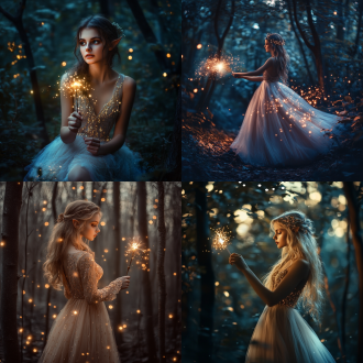 28370386，夜晚神秘森林，精灵少女穿薄纱裙，手持魔法棒，梦幻氛围，暖光，长焦镜头，高饱和色彩，灵动姿态，奇幻。