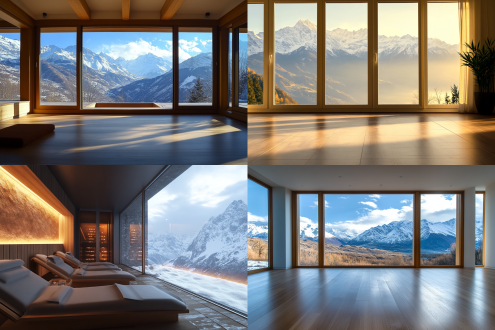 房屋内呈现地暖与中央空调，对角线构图，背景寒冷，远处雪山连绵，房间温暖舒适，暖色调，广角镜头，侧光，安静祥和。