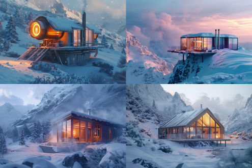 (arctic luxury cabin nestled in snow-covered alps:1.3), (modern central hvac unit emitting golden warmth waves:1.5), hyperrealistic 4k细节，极寒元素(冰晶/霜冻窗户/雪雾:1.2)，戏剧化冷暖对比（冷色背景 vs 暖光窗口），产品特写镜头，蒸汽朋克风格管道巧妙融合，节能认证标识浮动全息投影，cinema4d渲染风格，octane render光照