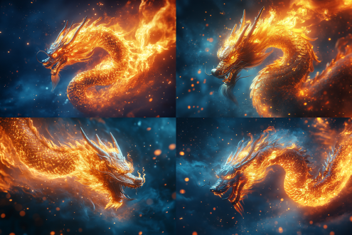 火焰组成的中国龙从黑暗升起，金鳞现于火涡，对角线构图，深蓝色背景，科技风，8k细节，冷调质感，逆光，动态模糊。