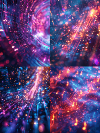 抖音获客培训抽象背景，动态故障效果，霓虹音符与数据流浮动，蓝紫渐变，全息粒子光束，金属光泽玻璃折射，赛博朋克风，8k超细节