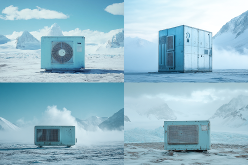 南极冰原孤独中央空调外机，三分法构图，冷蓝白调，全景镜头，逆光，静态，机器微光，蒸汽霜花，静谧坚韧氛围。