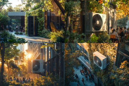 中央空调室外机产品展示，居中布局，人物环绕，现代建筑绿植点缀，黄金时刻侧光，f/2.8光圈，nikon d850，超写实，广告风，16:9