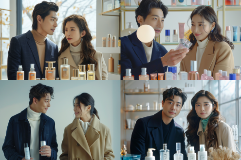 东亚男女产品演示，男子海军蓝西装，女子米色风衣，产品悬浮发光，极简白背景，侧逆光，f/4，超写实8k，商业广告风，3:4