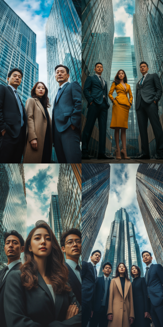 full body portrait of a group, highrise business district, sky in a background, made in 2019, asian descent, stock image, capitalist, art : : professional photograph, glass ceilings, wooden banks, korean film noir, interconnections, unity