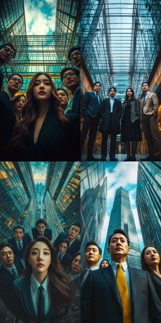 7 to 8 people，full body portrait of a group, highrise business district, sky in a background, made in 2019, asian descent, stock image, capitalist, art : : professional photograph, glass ceilings, wooden banks, korean film noir, interconnections, unity