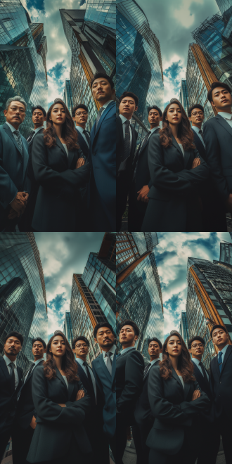 full body portrait of a group, highrise business district, sky in a background, made in 2019, asian descent, stock image, capitalist, art : : professional photograph, glass ceilings, wooden banks, korean film noir, interconnections, unity