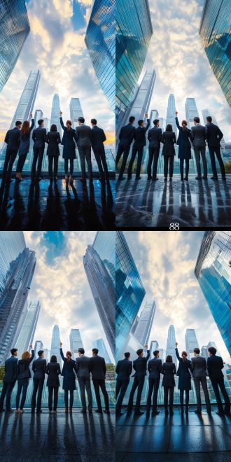 7个不同族裔商务人士高楼前全身像，背对镜头，看向远方，对角线构图，天台，繁华城市与蓝天积云背景，金时暖光，超广角8k，3:2，超写实，商务浅蓝色背景。