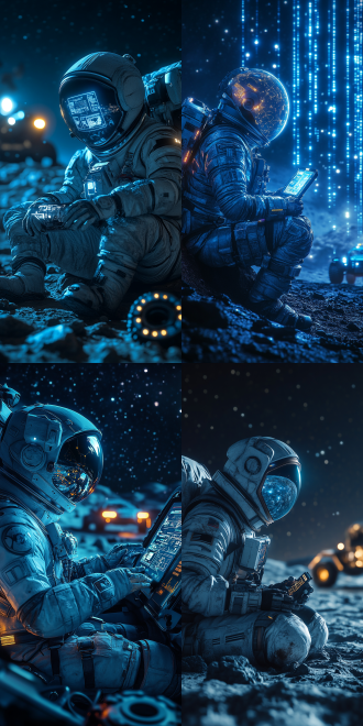 futuristic astronaut in detailed spacesuit operating holographic interface with glowing data streams in lower right corner, exploration rover in distance traversing lunar terrain with tire tracks, desolate moon surface with craters and rocks, cyberpunk color scheme dominated by metallic blues and neon accents, dramatic lighting with strong contrast between shadows and neon highlights, highly detailed textures on spacesuit and machinery, ultra-realistic materials rendering, cinematic depth of field, 8k resolution trending on artstation, unreal engine 5 render with volumetric lighting, sci-fi concept art style by jamie jones and maciej kuciara