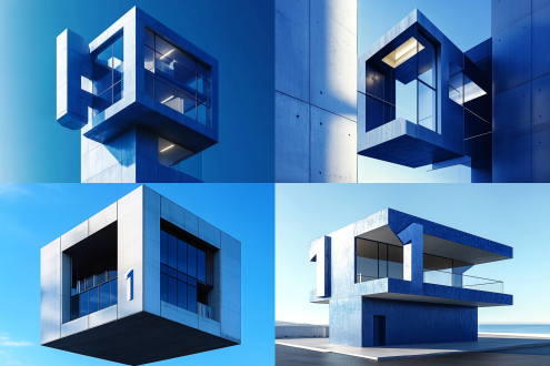modern architectural design of a stylized number "1" shaped building, 3-story structure, minimalist geometric lines